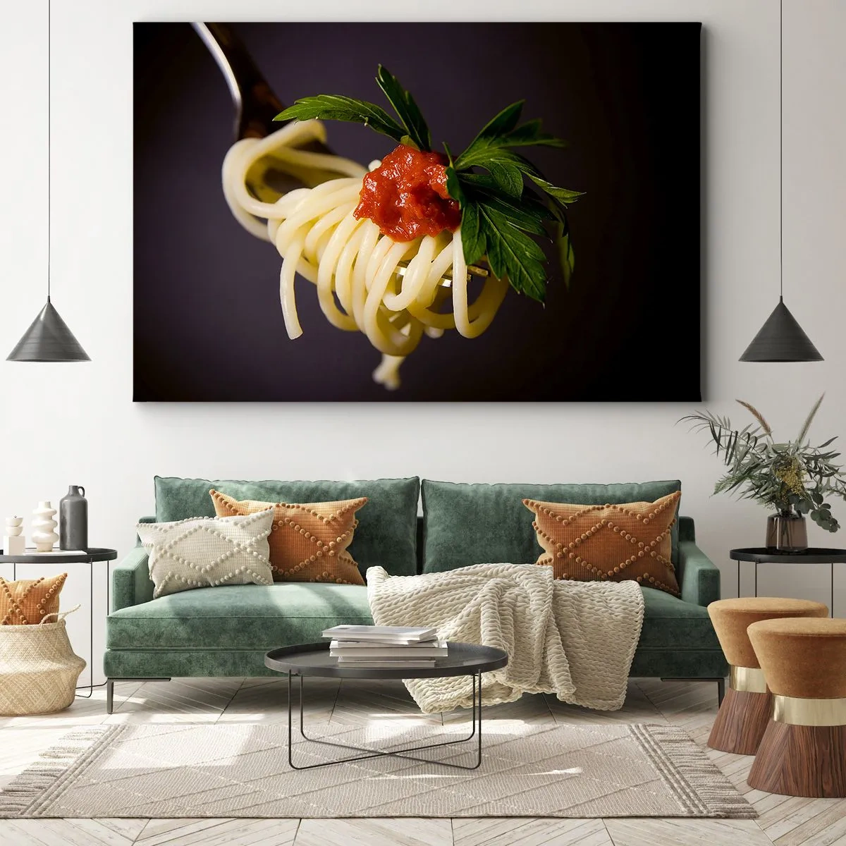 Obraz na plátně - Těstoviny špagety na vidličku s rajčatovou omáčkou a petrželkou - 70x50cm - Chutný kousek - Moderní nástěnná dekorace do obývacího pokoje a ložnice ARTTOR