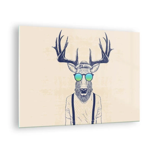 Obraz na skle - Elegantní jelen ve slunečních brýlích na světlém pozadí - 70x50cm - A koho jsi čekal? - Moderní nástěnná dekorace do obývacího pokoje a ložnice ARTTOR