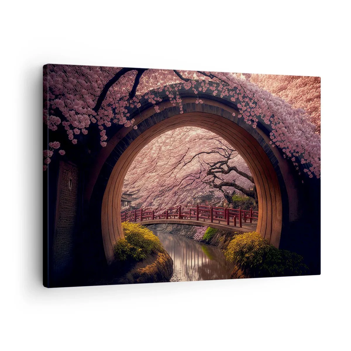 Obraz na plátně - Tradiční japonský most obklopený květy třešní - 70x50cm - Japonské jaro - Moderní nástěnná dekorace do obývacího pokoje a ložnice ARTTOR