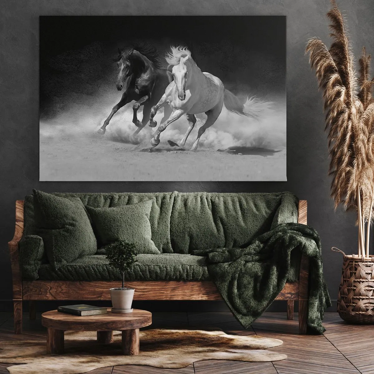 Obraz na plátně - Běžící koně v černé a bílé - 70x50cm - Cval svobody - Moderní nástěnná dekorace do obývacího pokoje a ložnice ARTTOR