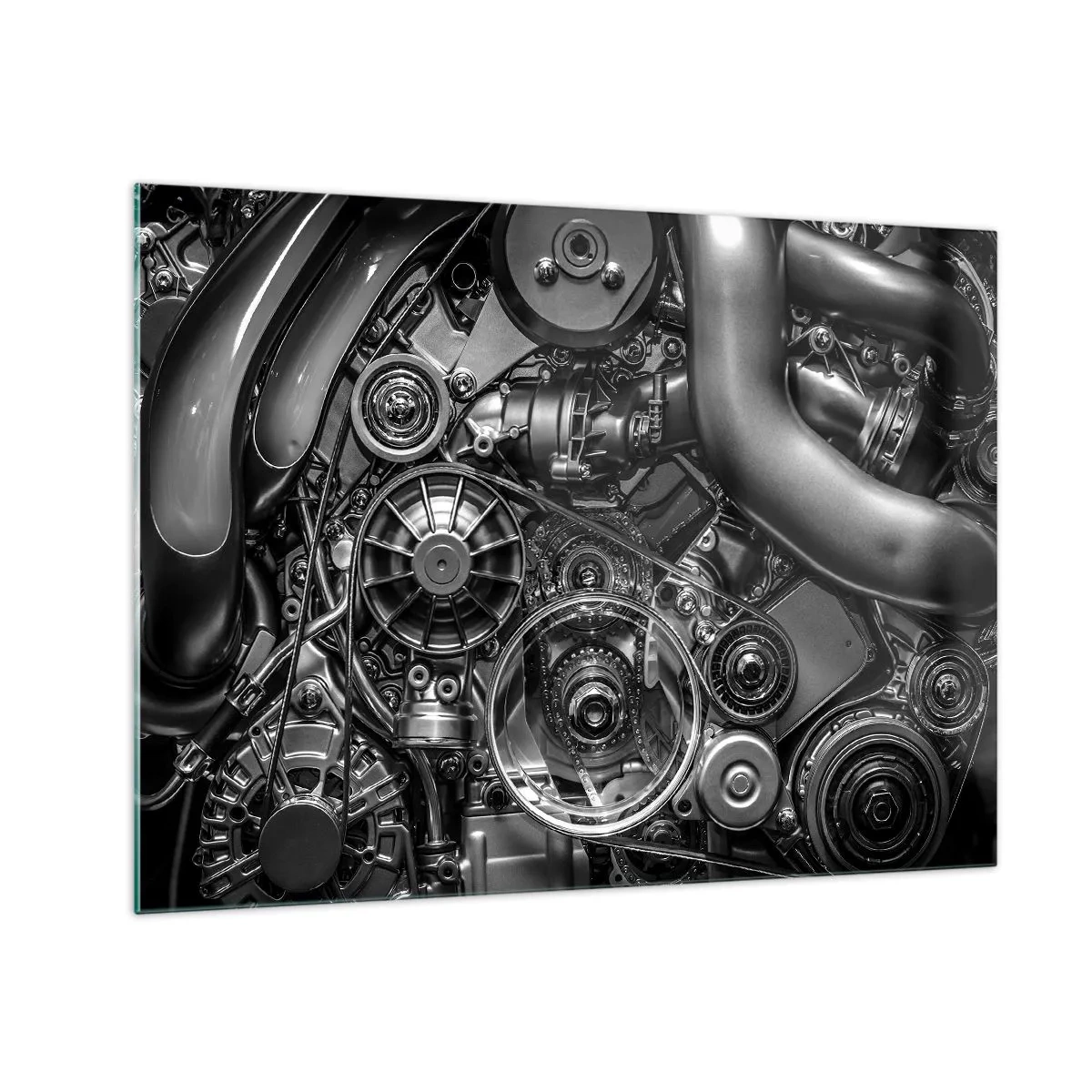 Obraz na skle - Detail černobílého motoru s viditelnými mechanismy - 70x50cm - Poezie mechaniky - Moderní nástěnná dekorace do obývacího pokoje a ložnice ARTTOR