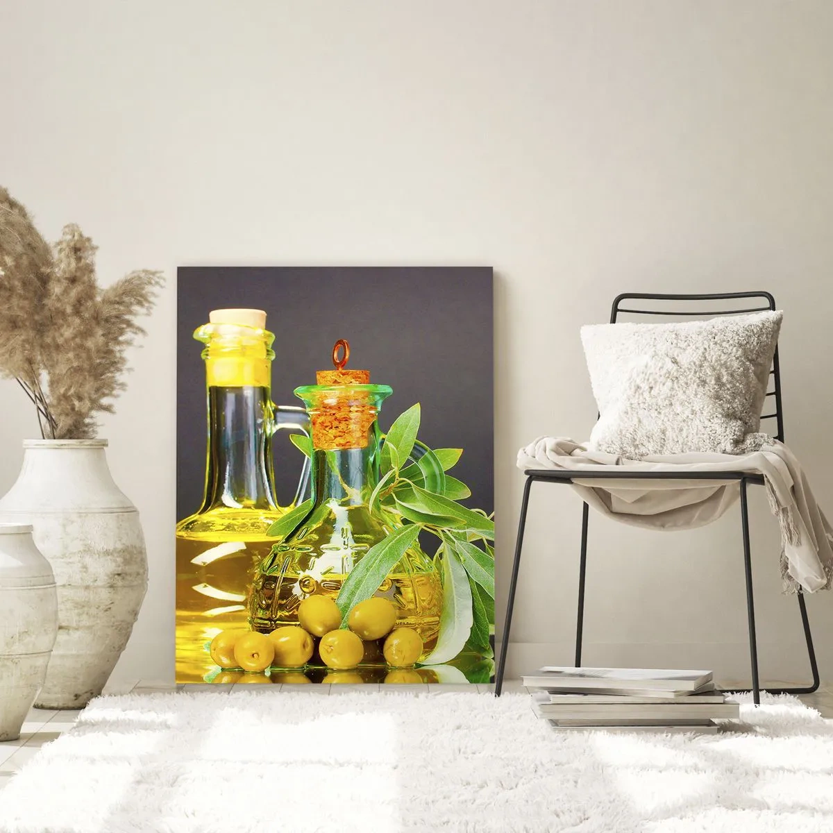 Obraz na skle - Zátiší s olivami a olejem - 70x100 cm