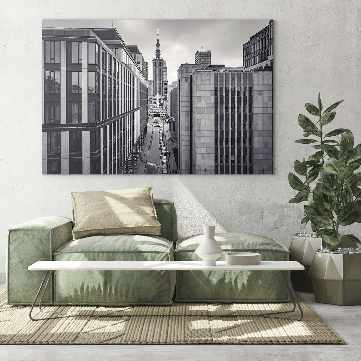 Obraz na skle - Černobílý pohled na město s mrakodrapy a ulicí - 70x50cm - Varšavské údolí - Moderní nástěnná dekorace do obývacího pokoje a ložnice ARTTOR