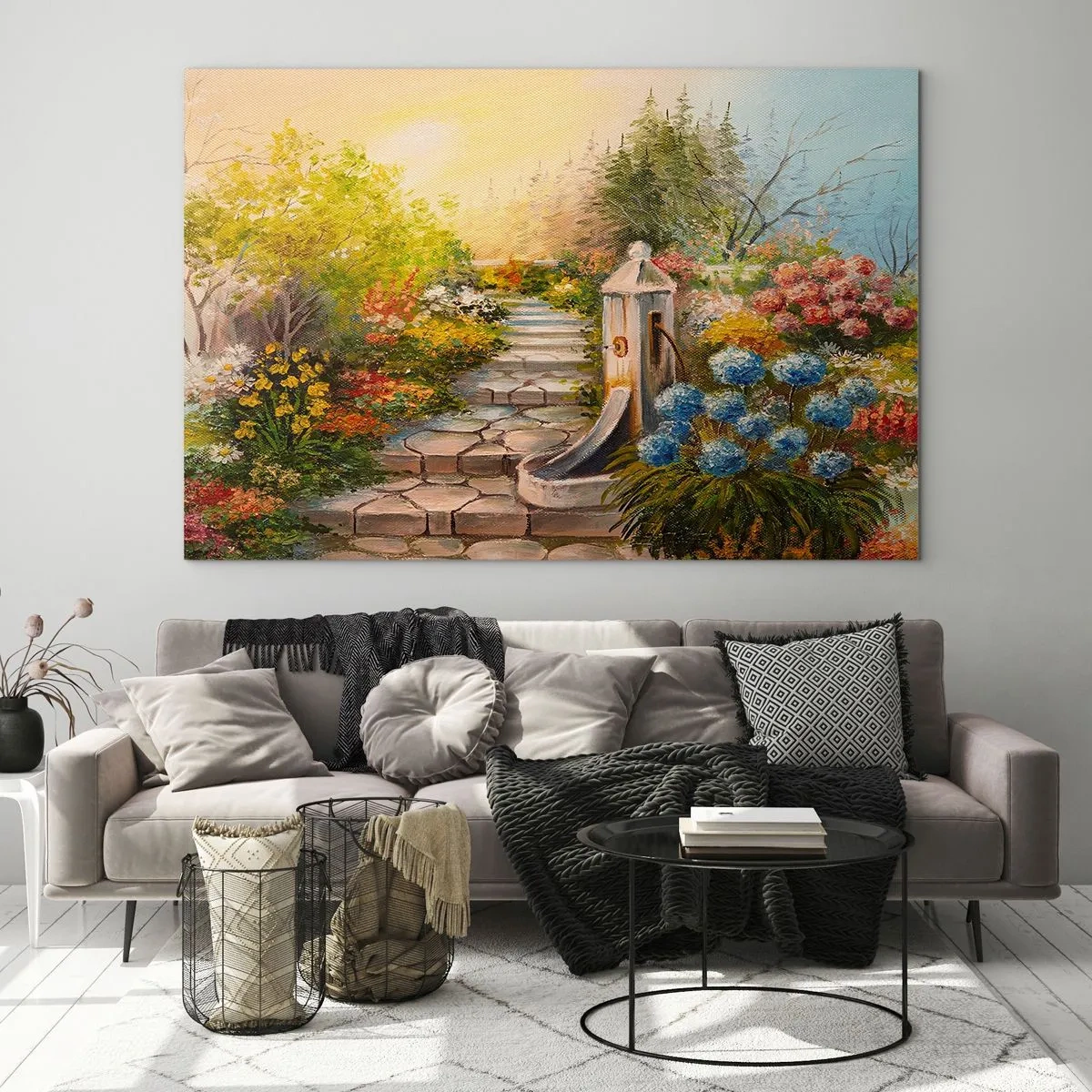 Obraz na skle - Květinová zahrada s fontánou v plném květu - 70x50cm - V plném rozkvětu - Moderní nástěnná dekorace do obývacího pokoje a ložnice ARTTOR
