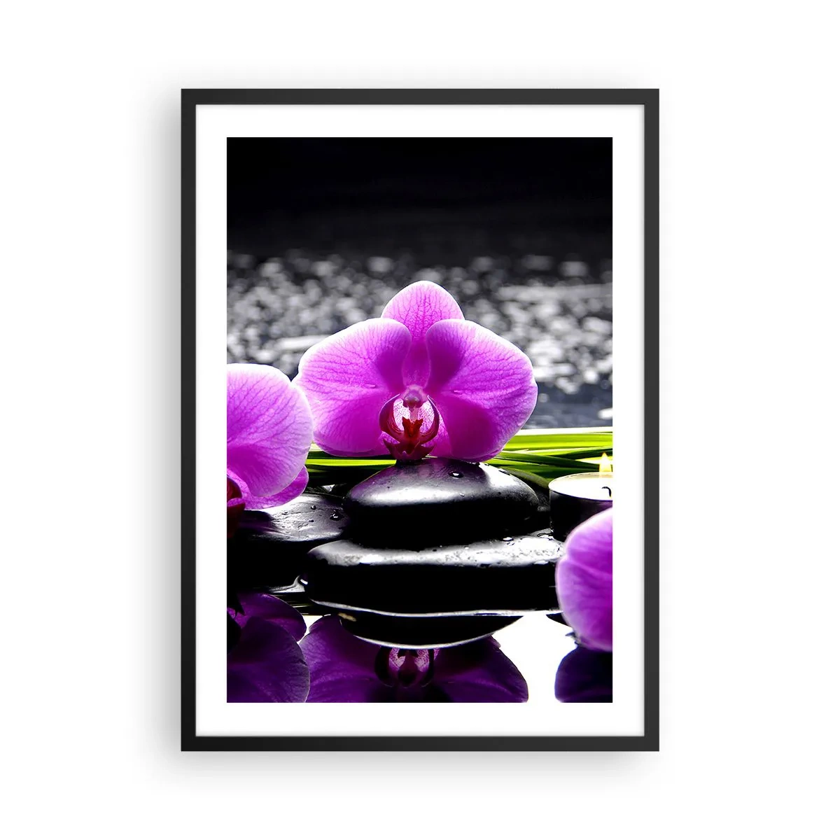 Plakát v černém rámu - Fialová orchidej na pozadí kamenů a vody v lázeňském prostředí - 50x70cm - Utonout v tichu a klidu - Moderní nástěnná dekorace do obývacího pokoje a ložnice ARTTOR
