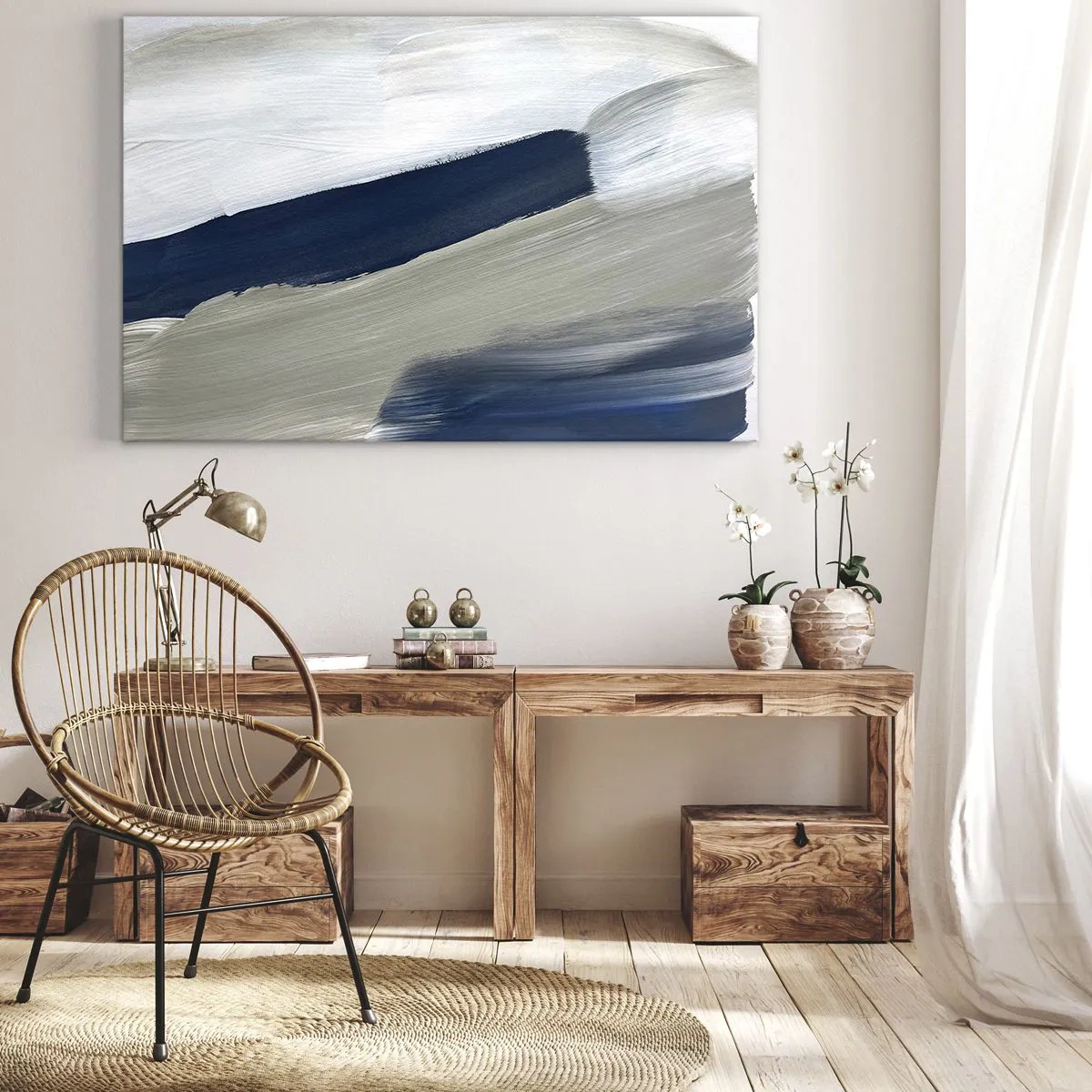 Obraz na plátně - Abstraktní tahy štětcem v odstínech modré a šedé - 70x50cm - Setkání s bílou - Moderní nástěnná dekorace do obývacího pokoje a ložnice ARTTOR