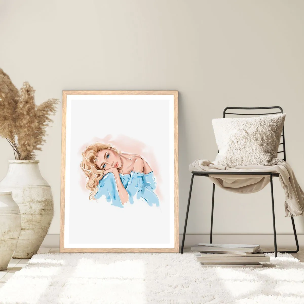 Plakát v rámu světlý dub - Zasněná v modré - 61x91 cm