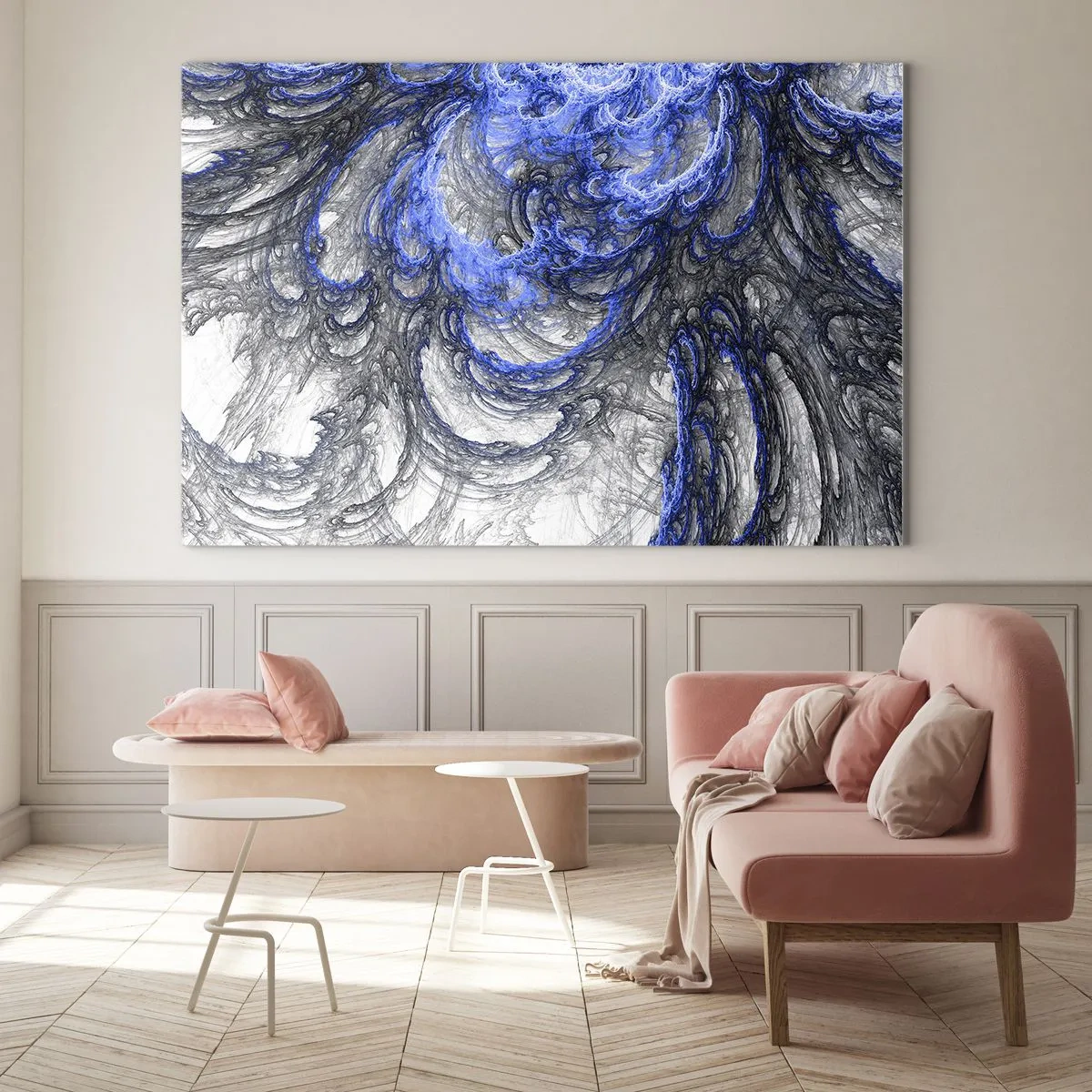 Obraz na skle - Dynamická abstrakce v odstínech modré a šedé - 70x50cm - Zrod vlny - Moderní nástěnná dekorace do obývacího pokoje a ložnice ARTTOR