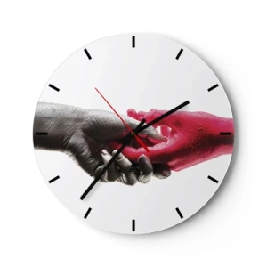 Nástěnné hodiny - Symbolické podání ruky v černé a červené barvě - 30x30cm - Spolu i když jsme odlišní - Moderní nástěnná dekorace do obývacího pokoje, kuchyně a ložnice ARTTOR