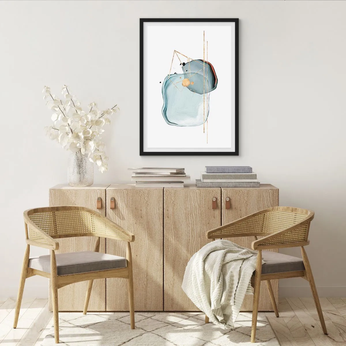 Plakát v černém rámu - Abstraktní akvarelová kompozice s geometrickým zlatým vzorem - 50x70cm - Studie kapky - Moderní nástěnná dekorace do obývacího pokoje a ložnice ARTTOR