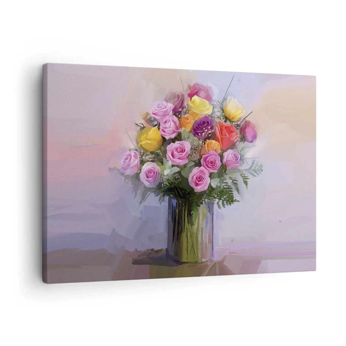 Obraz na plátně - Kytice barevných růží ve skleněné váze - 70x50cm - Zachycená krása - Moderní nástěnná dekorace do obývacího pokoje a ložnice ARTTOR