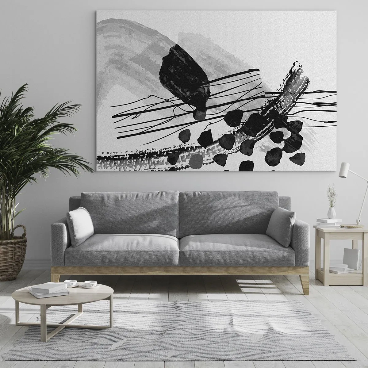 Obraz na skle - Černobílá abstrakce s organickými tvary a liniemi - 70x50cm - Černobílá organická abstrakce - Moderní nástěnná dekorace do obývacího pokoje a ložnice ARTTOR
