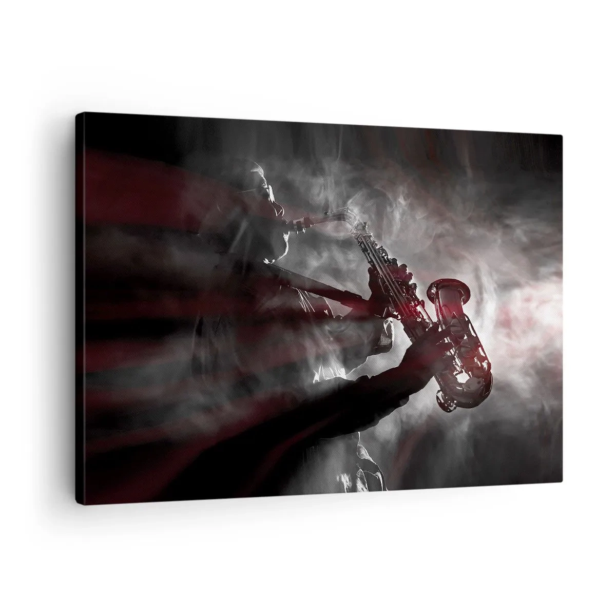Obraz na plátně - Saxofonista v kouři na pódiu v atmosférické černé a červené - 70x50cm - V oparu jazzu - Moderní nástěnná dekorace do obývacího pokoje a ložnice ARTTOR