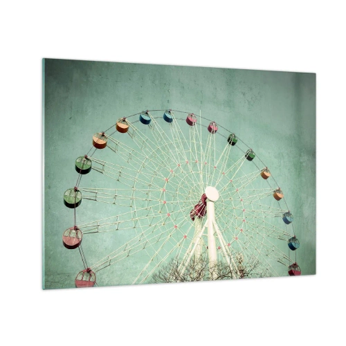 Obraz na skle - Barevné ruské kolo na pastelově zeleném pozadí - 70x50cm - Zveme vás k zábavě - Moderní nástěnná dekorace do obývacího pokoje a ložnice ARTTOR