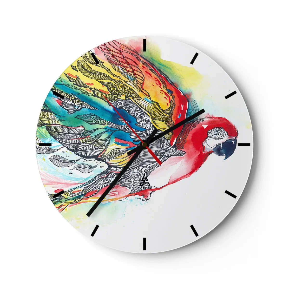 Nástěnné hodiny - Papoušek v intenzivních barvách s ozdobnými vzory na křídlech - 30x30cm - Žij barevně - Moderní nástěnná dekorace do obývacího pokoje, kuchyně a ložnice ARTTOR