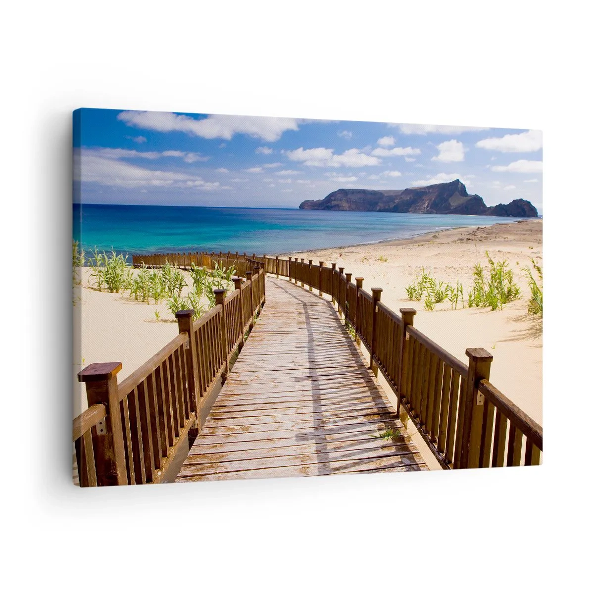 Obraz na plátně - Dřevěná cesta vedoucí k pláži s výhledem na oceán - 70x50cm - Vezmi mě na šťastné ostrovy - Moderní nástěnná dekorace do obývacího pokoje a ložnice ARTTOR