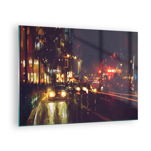 Obraz na skle - Městská noční krajina s auty a pouličními lampami - 70x50cm - Ponořená do světel noci - Moderní nástěnná dekorace do obývacího pokoje a ložnice ARTTOR
