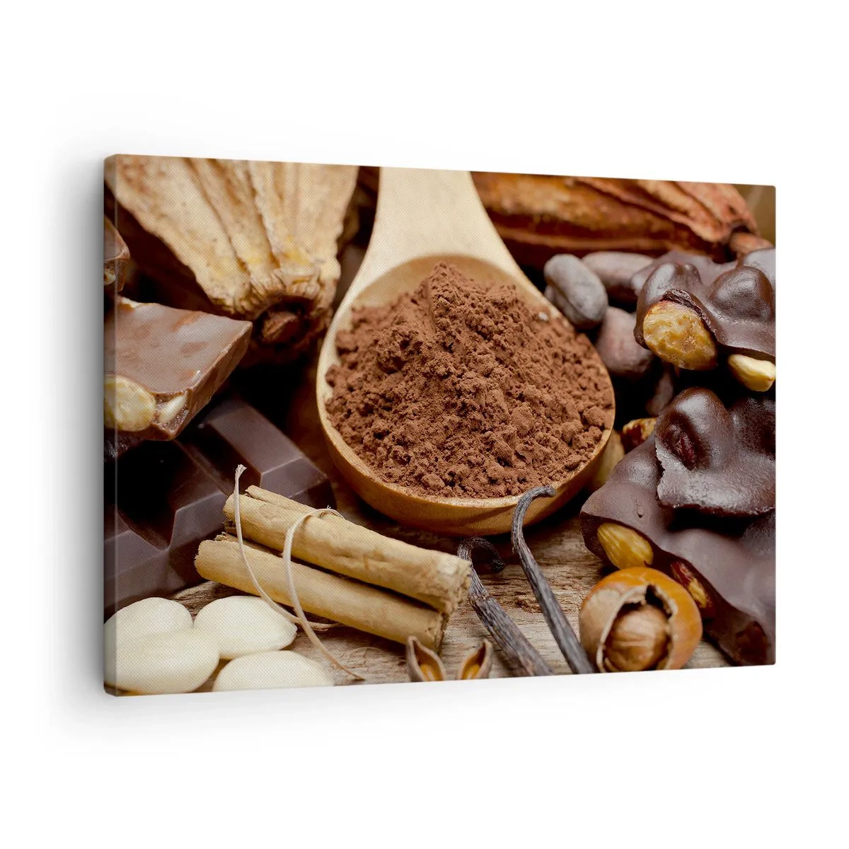 Obraz na plátně - Lžíce kakaových a čokoládových ingrediencí v rustikálním aranžmá - 70x50cm - Nejlepší na smutek - Moderní nástěnná dekorace do obývacího pokoje a ložnice ARTTOR