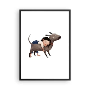 Plakát v černém rámu - Ilustrace dítěte objímajícího psa na bílém pozadí - 50x70cm - Nejlepší přátelé - Moderní nástěnná dekorace do obývacího pokoje a ložnice ARTTOR