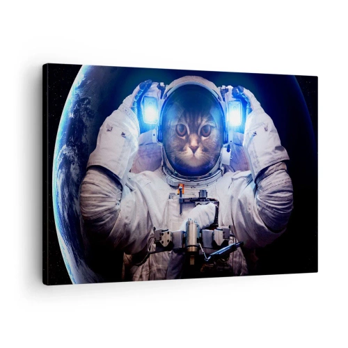 Obraz na plátně - Kočka v astronautském obleku se Zemí v pozadí a jasným světlem. - 70x50cm - Houston, máte problém - Moderní nástěnná dekorace do obývacího pokoje a ložnice ARTTOR