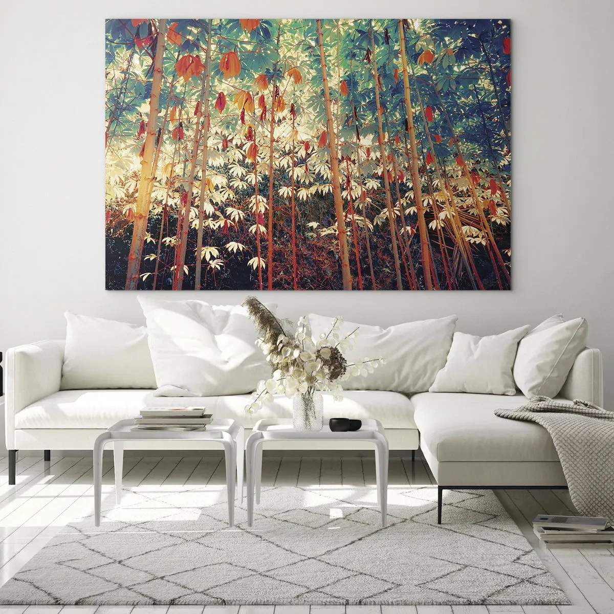 Obraz na skle - Barevný bambusový les s teplým osvětlením - 70x50cm - Tajný život listů - Moderní nástěnná dekorace do obývacího pokoje a ložnice ARTTOR