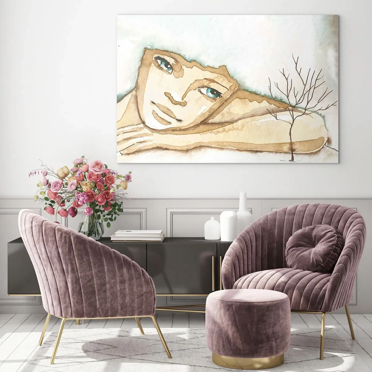 Obraz na skle - Jemná postava ženy se stromem na pozadí akvarelových barev - 70x50cm - Strom poezie vyrůstá z ticha - Moderní nástěnná dekorace do obývacího pokoje a ložnice ARTTOR