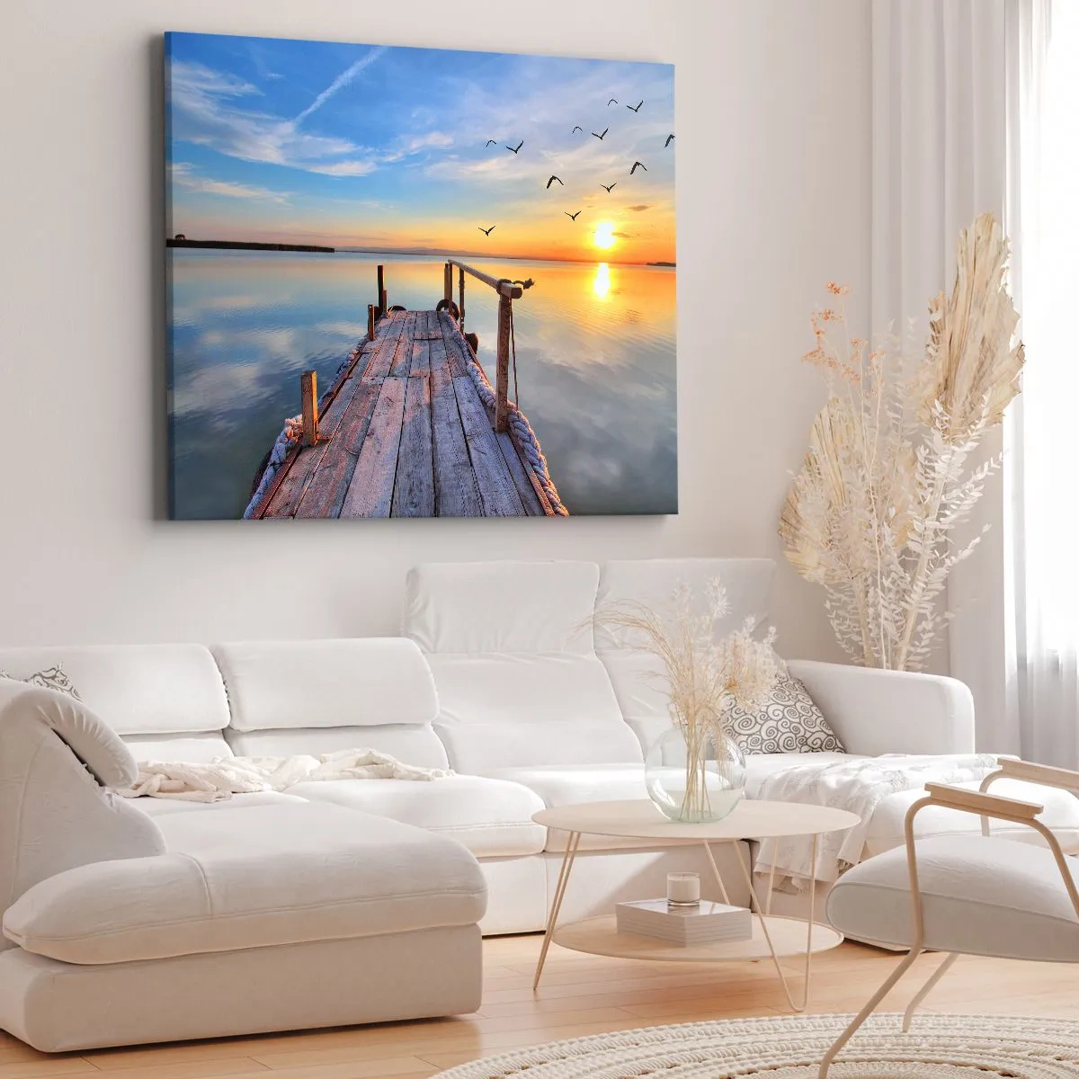 Obraz na plátně - Dřevěné molo při západu slunce na klidném jezeře - 70x50cm - Jít před sebe směrem ke slunci - Moderní nástěnná dekorace do obývacího pokoje a ložnice ARTTOR