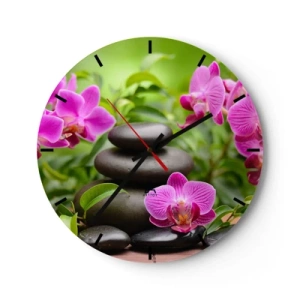 Nástěnné hodiny - Černé kameny a růžové orchideje na zeleném pozadí - 30x30cm - Pyramida klidu - Moderní nástěnná dekorace do obývacího pokoje, kuchyně a ložnice ARTTOR