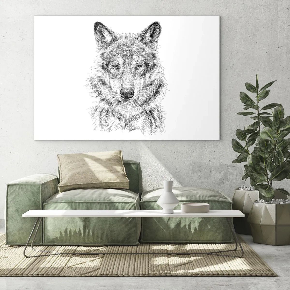 Obraz na skle - Černobílá skica vlčí hlavy na bílém pozadí - 70x50cm - Rozený vůdce - Moderní nástěnná dekorace do obývacího pokoje a ložnice ARTTOR
