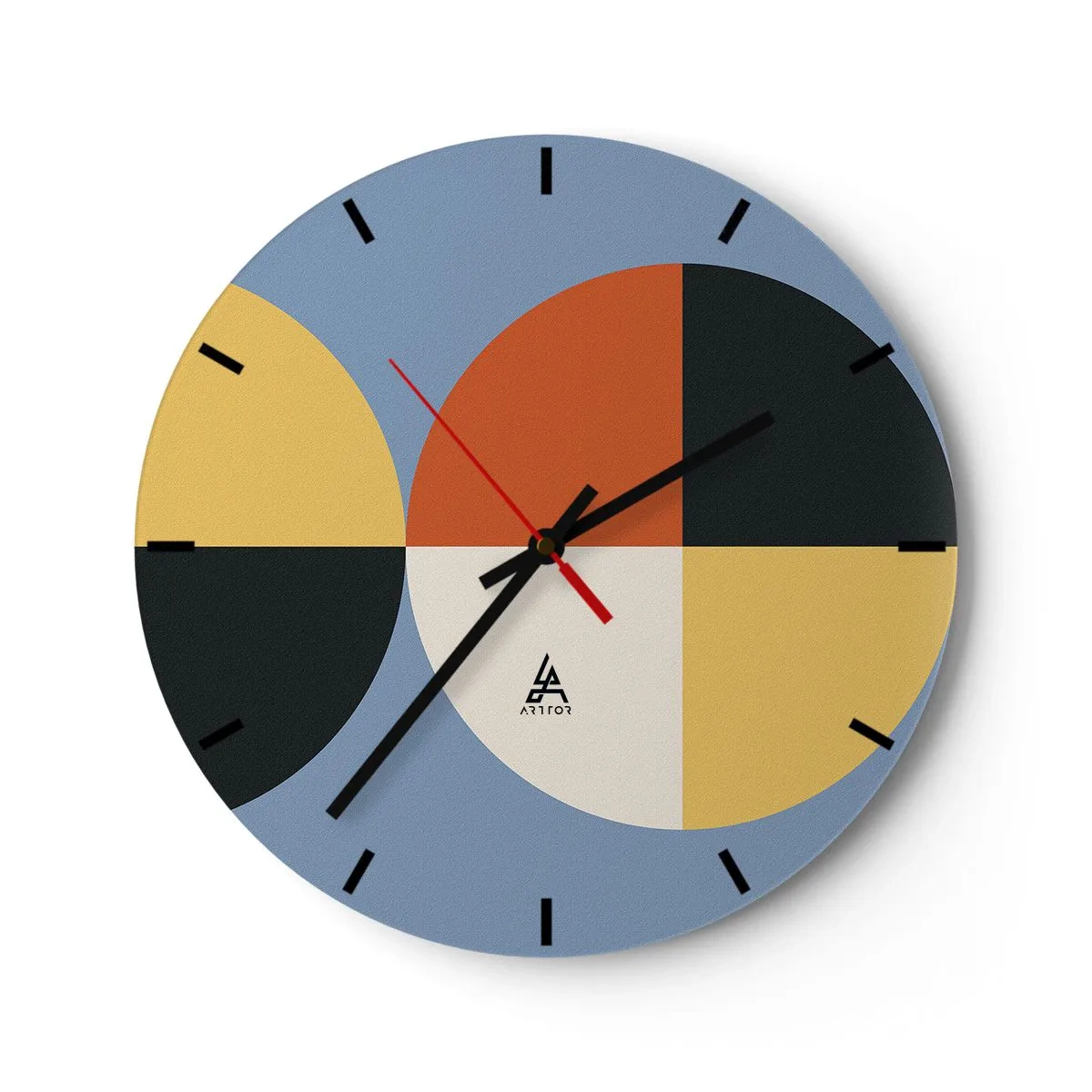 Nástěnné hodiny - Geometrická kompozice s barevnými půlkruhy a čtverci - 30x30cm - Koukej a počítej - Moderní nástěnná dekorace do obývacího pokoje, kuchyně a ložnice ARTTOR