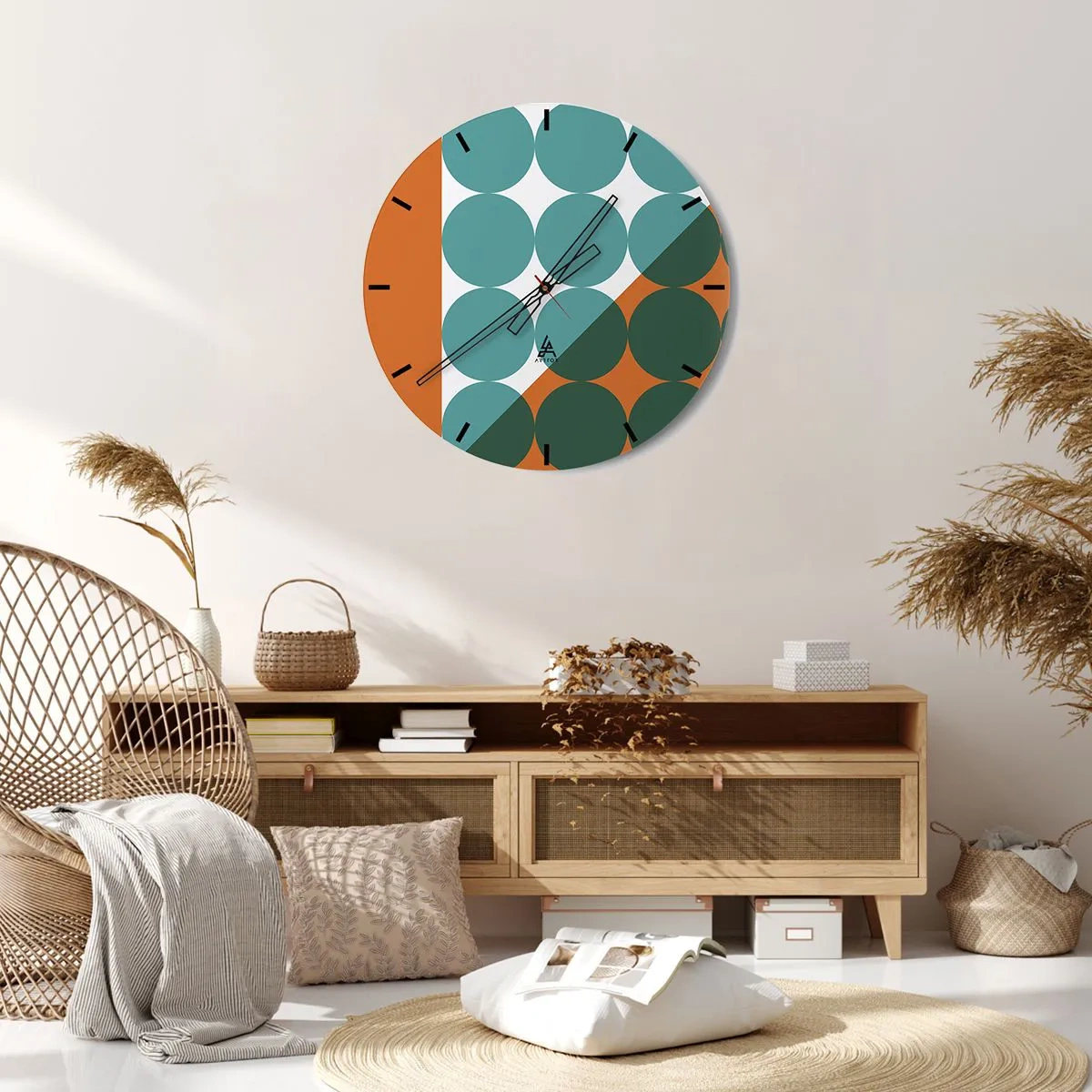 Nástěnné hodiny - Geometrické kruhy v odstínech zelené a oranžové - 30x30cm - Nahoru a šikmo - Moderní nástěnná dekorace do obývacího pokoje, kuchyně a ložnice ARTTOR