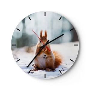 Nástěnné hodiny - Veverka ve sněhu v zimní krajině - 30x30cm - Co se tak díváš? - Moderní nástěnná dekorace do obývacího pokoje, kuchyně a ložnice ARTTOR