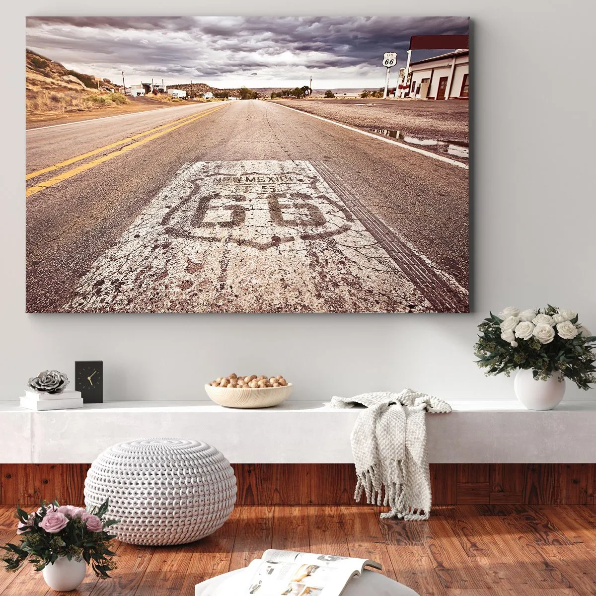 Obraz na plátně - Route 66 v pouštním podnebí s malebnou oblohou - 70x50cm - Mother Road - americká legenda - Moderní nástěnná dekorace do obývacího pokoje a ložnice ARTTOR