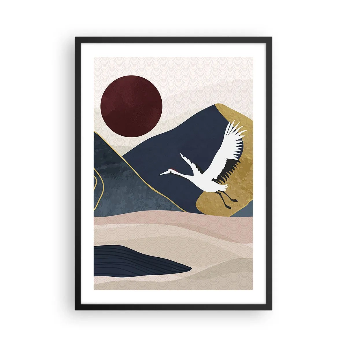 Plakát v černém rámu - Minimalistická grafika s jeřábem a horskou krajinou - 50x70cm - Opět uběhl další den - Moderní nástěnná dekorace do obývacího pokoje a ložnice ARTTOR