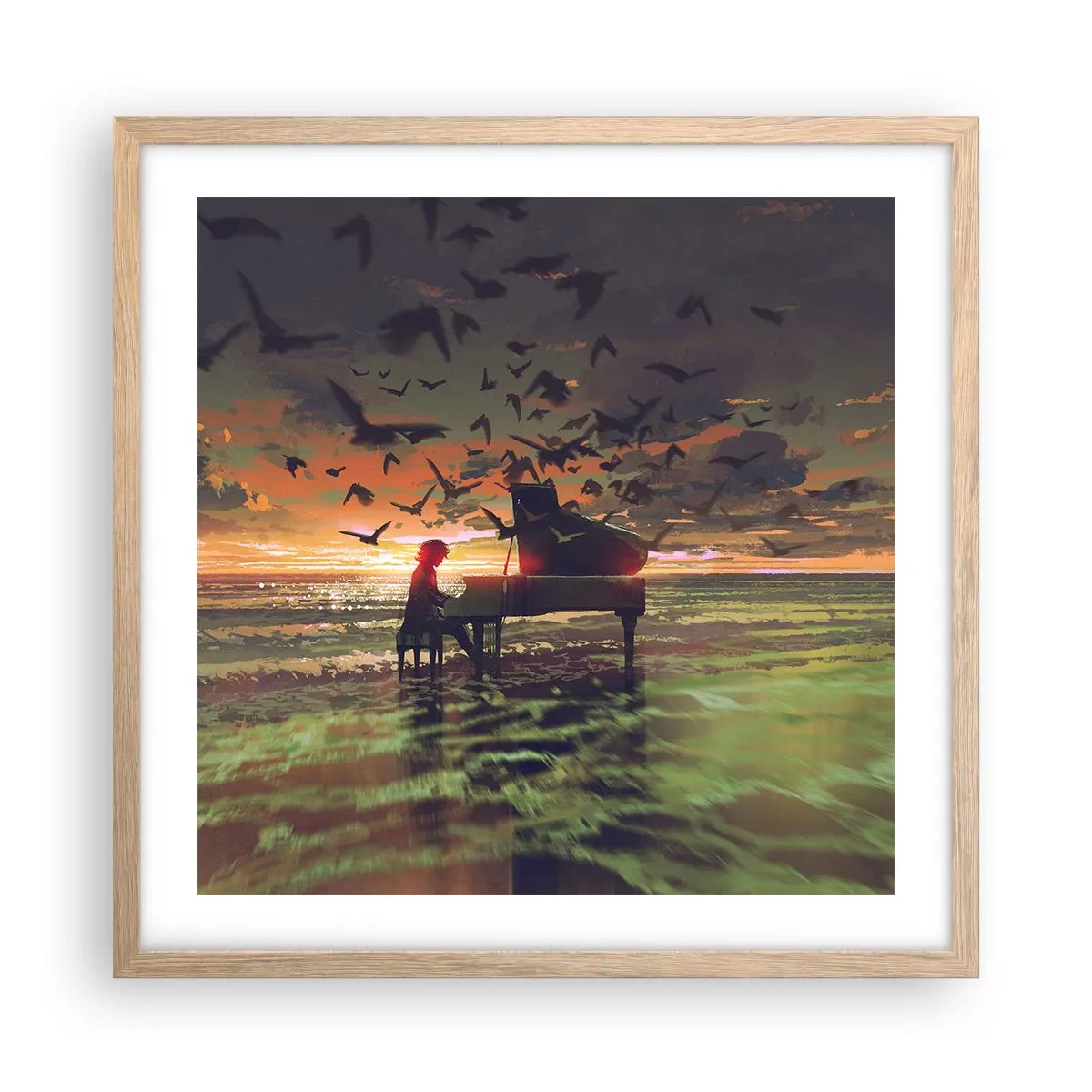Plakát v rámu světlý dub - Koncert na piano a vlny - 50x50 cm