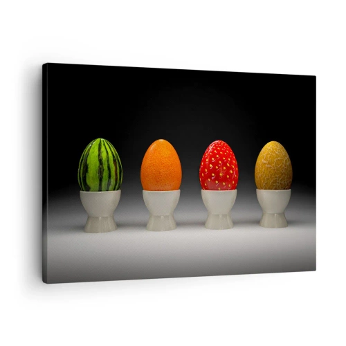 Obraz na plátně - Barevná vejce připomínající ovoce na tmavém pozadí - 70x50cm - Ovocná snídaně - Moderní nástěnná dekorace do obývacího pokoje a ložnice ARTTOR