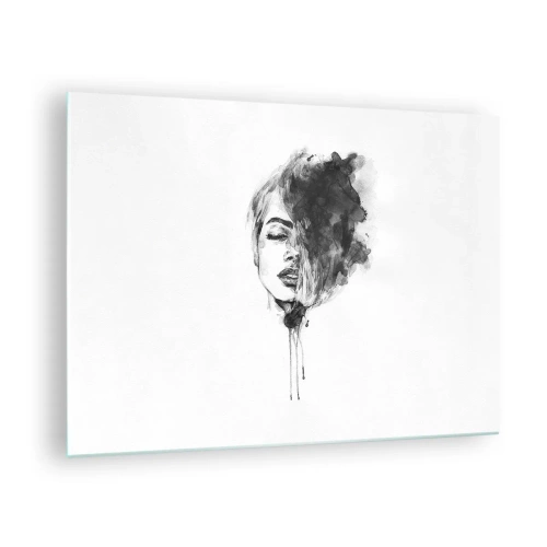 Obraz na skle - Černobílý portrét ženy s abstraktním stínem - 70x50cm - O čem sní dívka - Moderní nástěnná dekorace do obývacího pokoje a ložnice ARTTOR