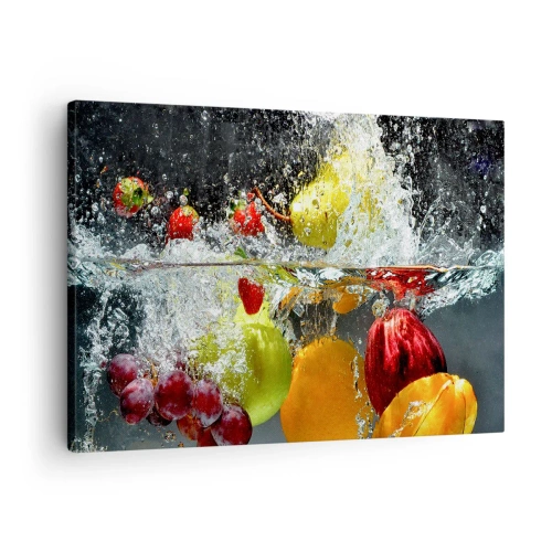 Obraz na plátně - Barevné ovoce ve vodě během dynamického ponoření - 70x50cm - Ovocné osvěžení - Moderní nástěnná dekorace do obývacího pokoje a ložnice ARTTOR