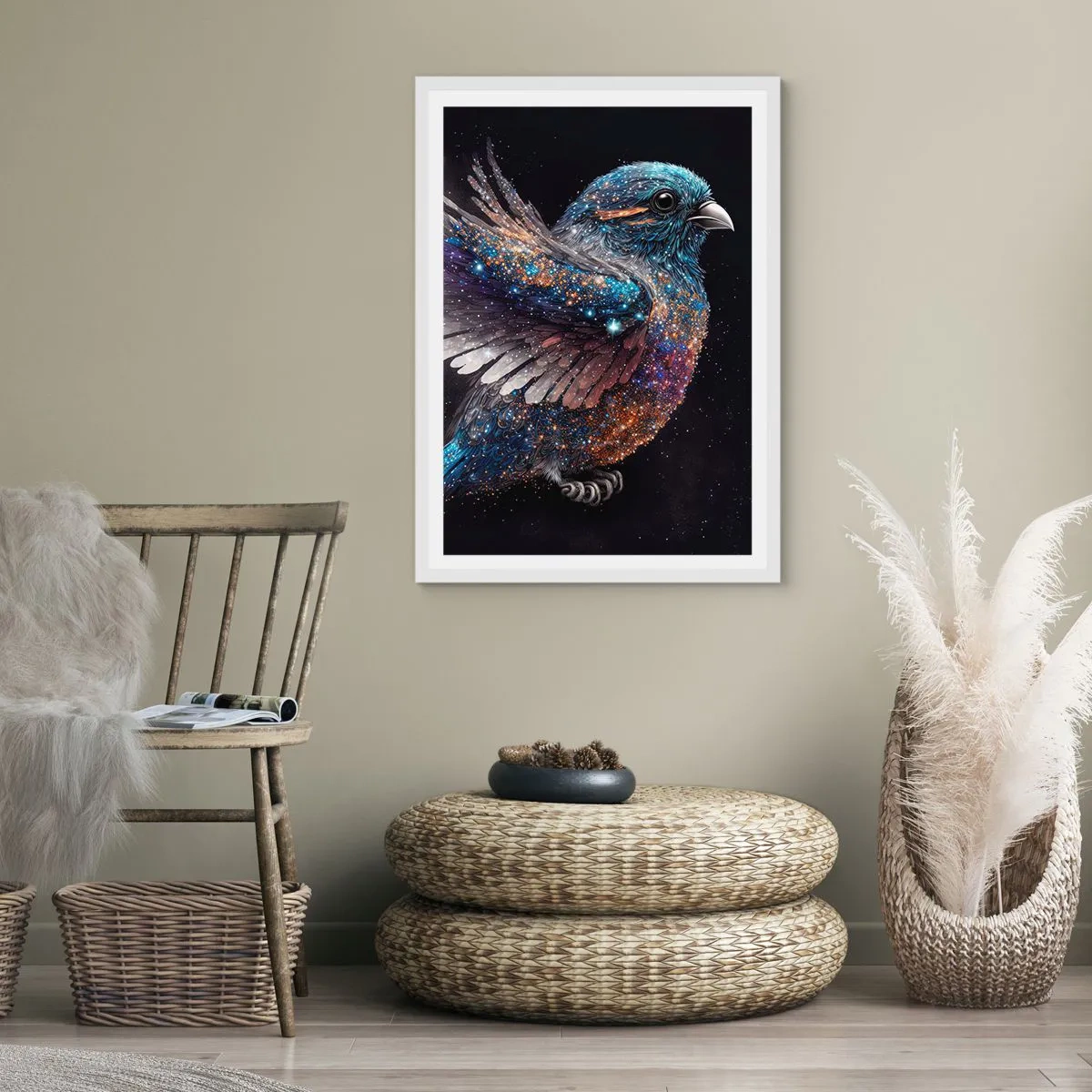 Plakát v bílém rámu - Diamantový vrabec - 61x91 cm