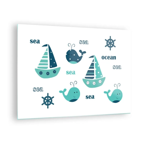 Obraz na skle - Námořní téma s plachetnicemi a velrybami - 70x50cm - Přes moře a oceány - Moderní nástěnná dekorace do obývacího pokoje a ložnice ARTTOR