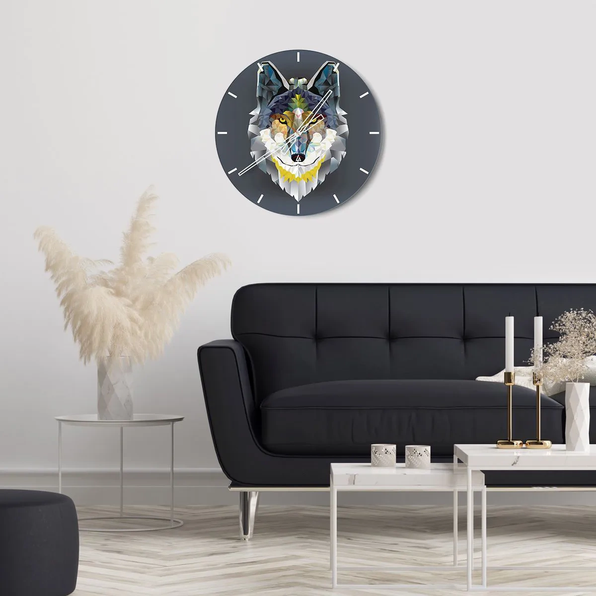 Nástěnné hodiny - Geometrický obraz vlka na tmavém pozadí - 30x30cm - My o vlku - Moderní nástěnná dekorace do obývacího pokoje, kuchyně a ložnice ARTTOR