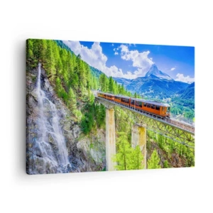 Obraz na plátně - Horská dráha na mostě s výhledem na vodopád a hory - 70x50cm - Alpská železnice - Moderní nástěnná dekorace do obývacího pokoje a ložnice ARTTOR