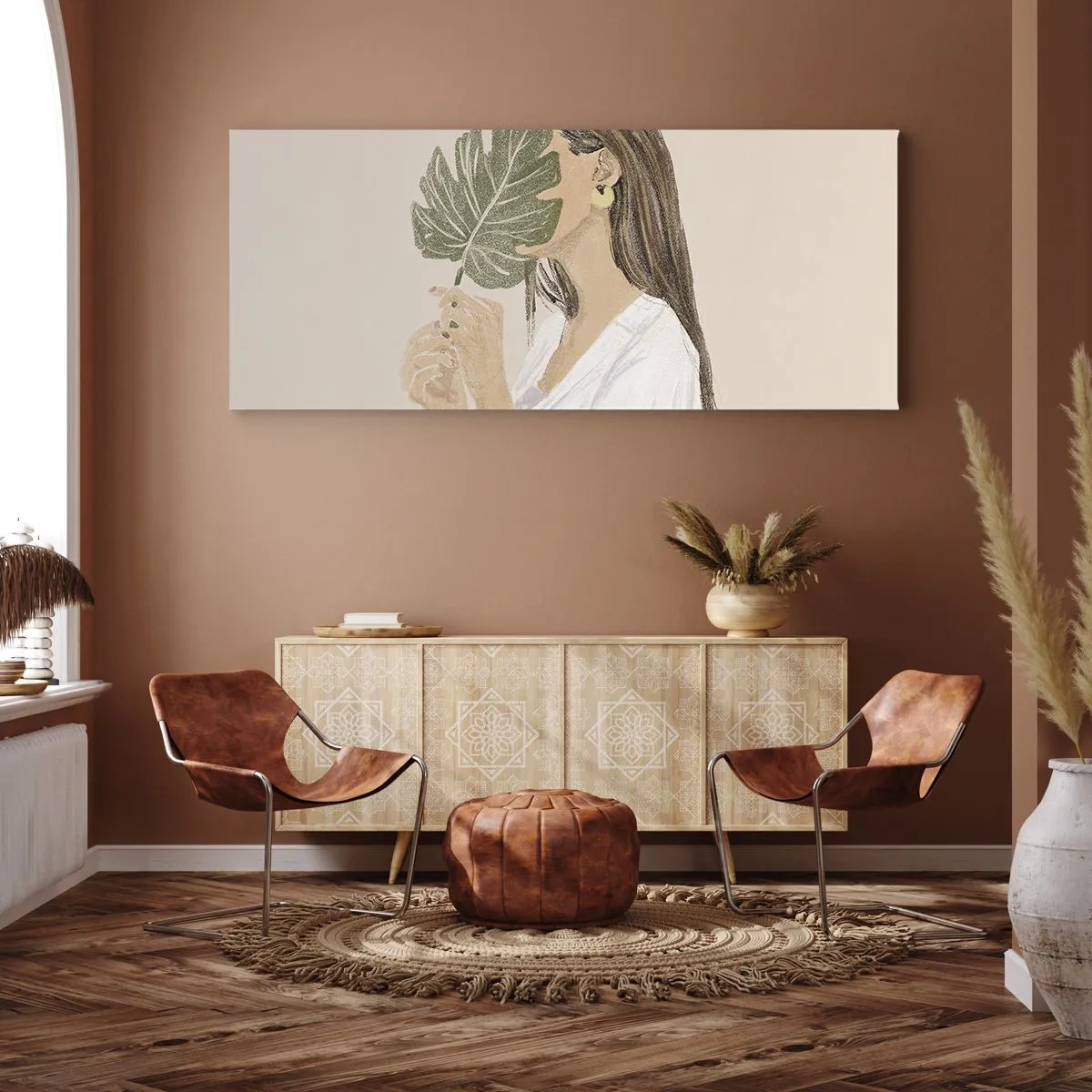 Obraz na plátně - Tajemný portrét s vějířem - 100x40 cm