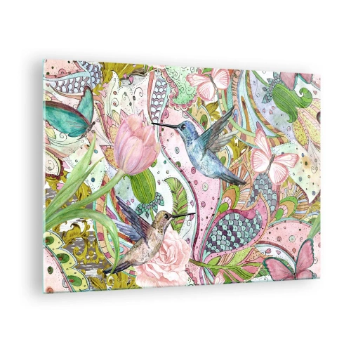Obraz na skle - Barevní kolibříci mezi květinami a motýly - 70x50cm - Zamotané do lián - Moderní nástěnná dekorace do obývacího pokoje a ložnice ARTTOR