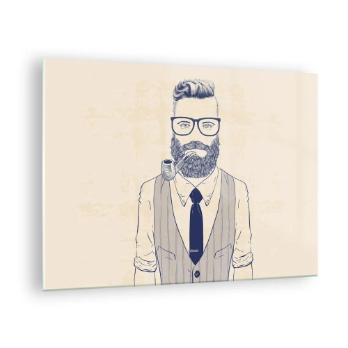 Obraz na skle - Stylizovaný muž s vousy, brýlemi a dýmkou na světlém pozadí. - 70x50cm - Pohodový, mužský a módní - Moderní nástěnná dekorace do obývacího pokoje a ložnice ARTTOR