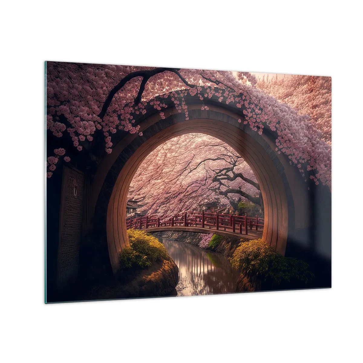 Obraz na skle - Třešňové květy a japonský most vidět skrz kulatou bránu - 70x50cm - Japonské jaro - Moderní nástěnná dekorace do obývacího pokoje a ložnice ARTTOR