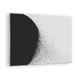 Obraz na skle - Abstrakce rozpadající se černé hmoty na bílém pozadí - 70x50cm - Pohyb částic - Moderní nástěnná dekorace do obývacího pokoje a ložnice ARTTOR