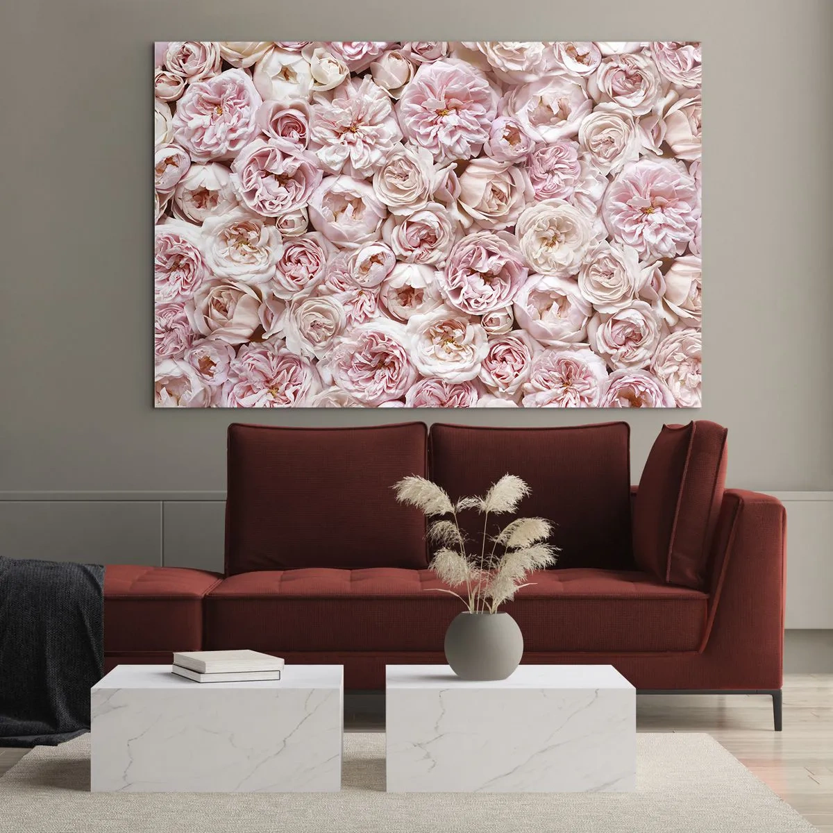 Obraz na skle - Pastelové růže v hustém květinovém aranžmá - 70x50cm - Vydlážděná růžemi - Moderní nástěnná dekorace do obývacího pokoje a ložnice ARTTOR