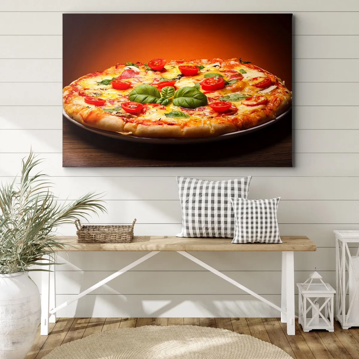 Obraz na plátně - Pizza s rajčaty a bazalkou na dřevěném stole - 70x50cm - Mamma mia! - Moderní nástěnná dekorace do obývacího pokoje a ložnice ARTTOR