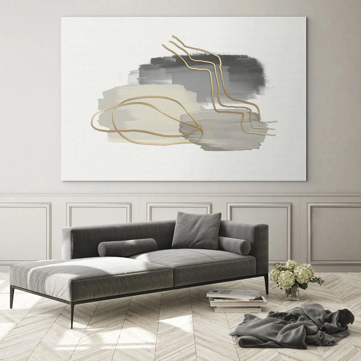 Obraz na skle - Abstrakce s šedými skvrnami a zlatými linkami na světlém pozadí - 70x50cm - Trvání a pohyb - Moderní nástěnná dekorace do obývacího pokoje a ložnice ARTTOR